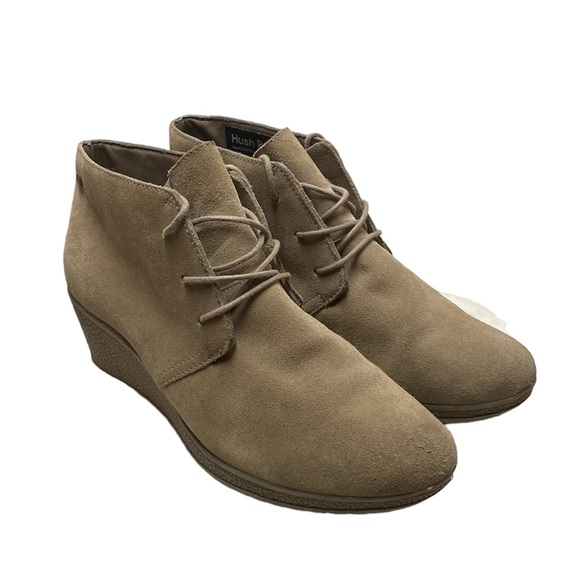 Hush Puppies Size 8 Taupe Waterproof Brushed Suede Ankle Lace Up Boot Wedges - Picture 1 of 12